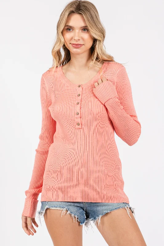 Hot Sale Salmon Ribbed Henley Top