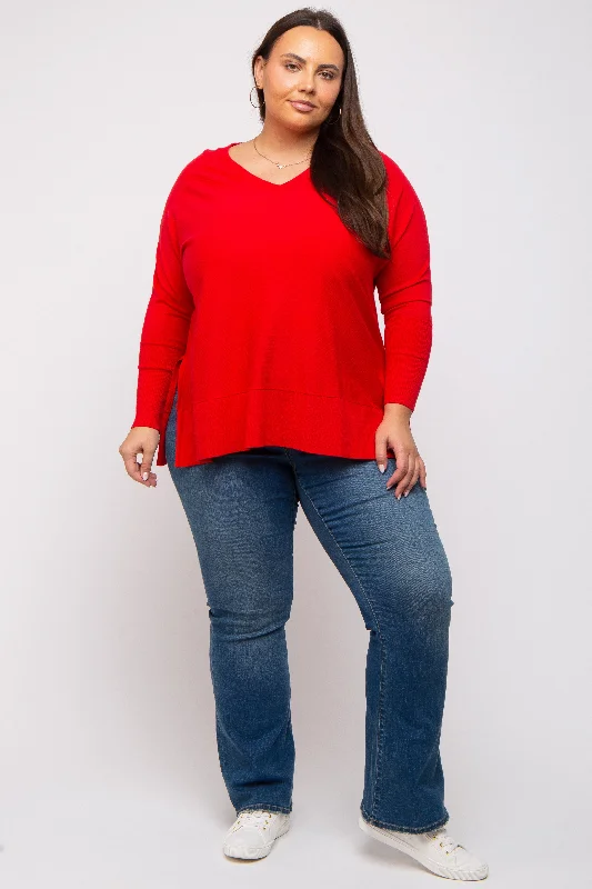 Urban Fashion Red Knit Long Dolman Sleeve Plus Top