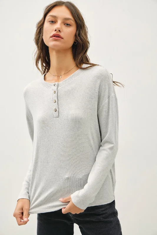 Fashion Forward Light Grey Brushed Knit Henley Top