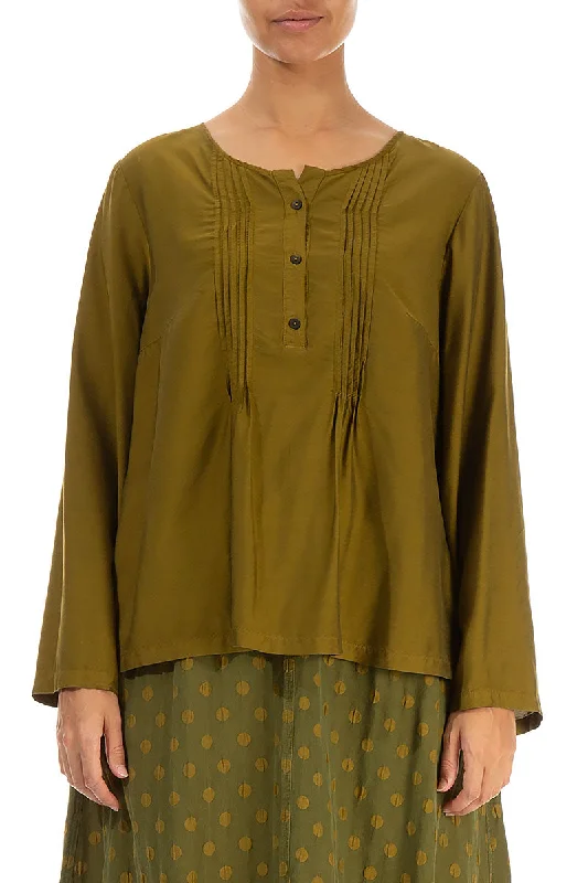 Elevated Casual Discounts Tuck Front Olive Silk Bamboo Top