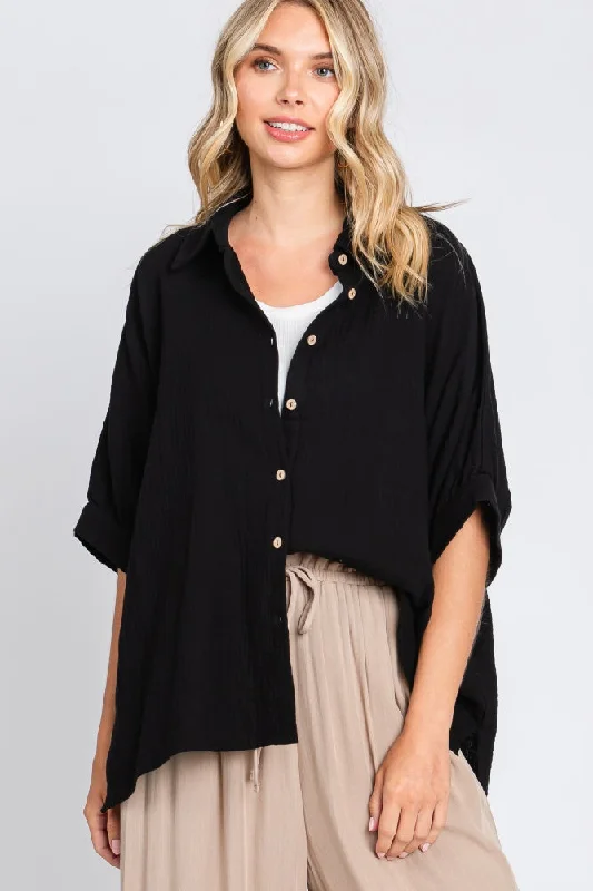 Chic And Trendy Black Gauze Double Layered Button Up Top