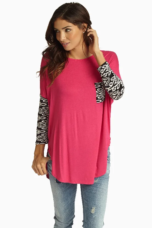 Special Offer Fuchsia Black Damask Printed Sleeve Top