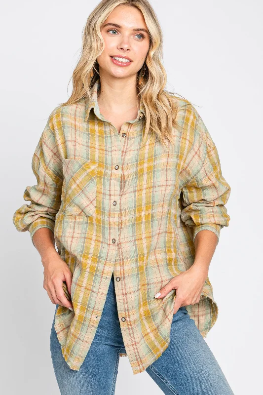 Flash Sale Now Gold Plaid Button Up Raw Edge Flannel Top