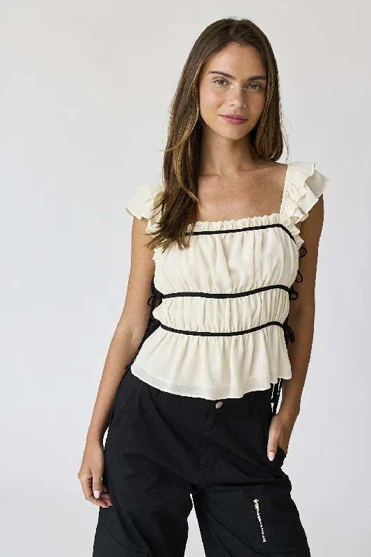 Feminine Luxe Style Sale Cream Ruffled Side Tie Top