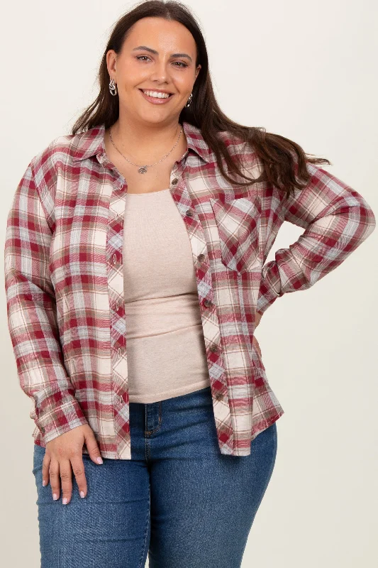 Premium Style Burgundy Flannel Plaid Button Up Top