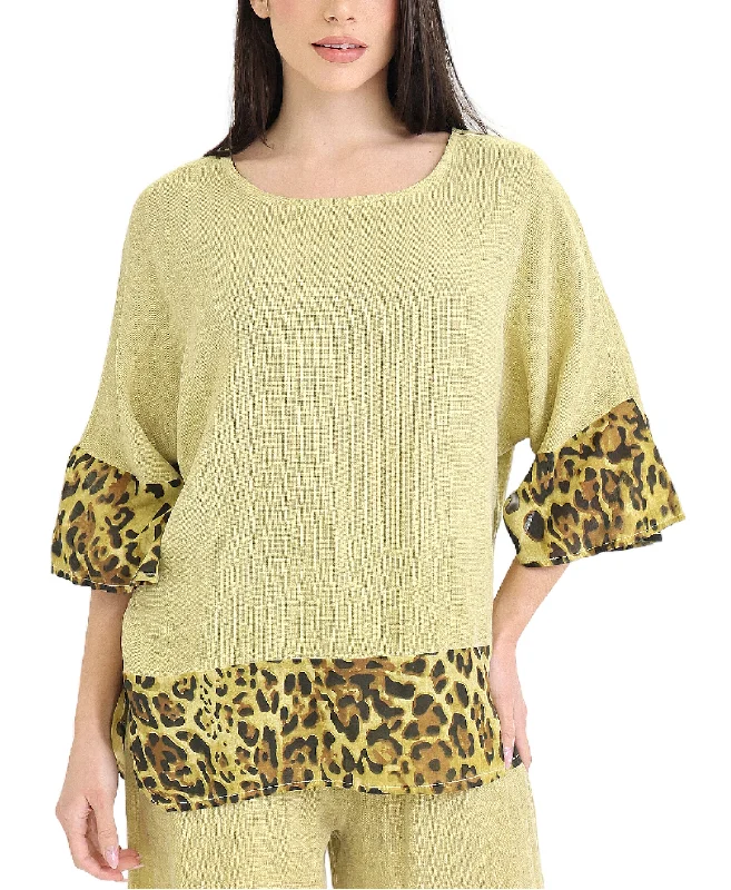 Unleash Your Trend Driven Style Linen & Cotton Top w/ Leopard Trim