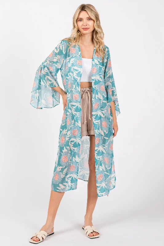 Get The Latest Trends Teal Floral Bell Sleeve Cover-Up