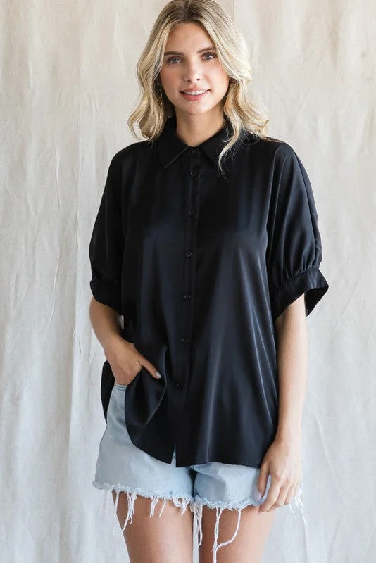 You'll Love Us Because Black Satin Button Up Top