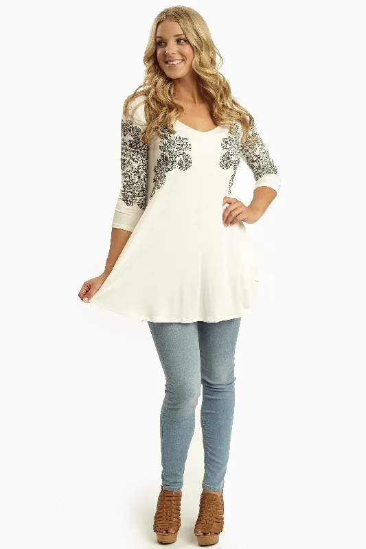 Limited Time Deal Ivory Black Paisley Accent Top