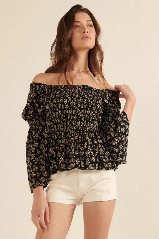 The Latest Trends Black Floral Print Off-Shoulder Peasant Top