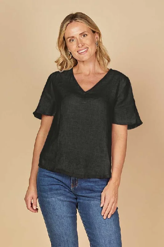 Contemporary Chic Promotions Tamara Flutter Sleeve Linen Top in Black