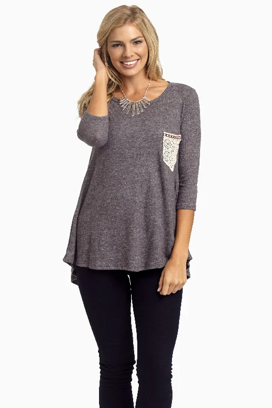 Unleash Your Fashion Charcoal Soft Knit Crochet Pocket Top