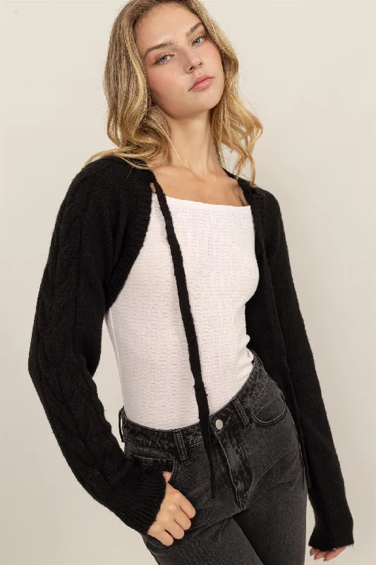 Avant-Garde Style Promotions Black Cable Knit Tie Front Shrug