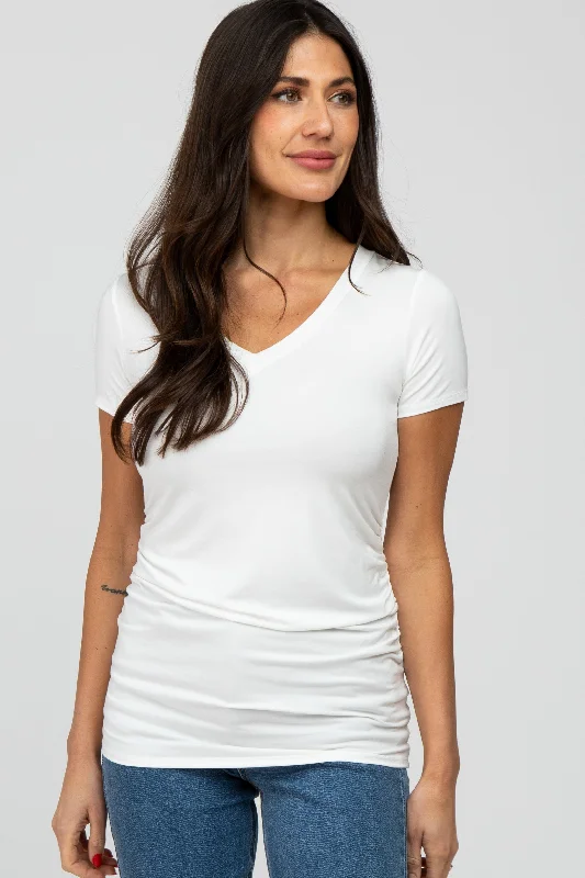 Stay Ahead In Style Ivory V-Neck Ruched Side Top