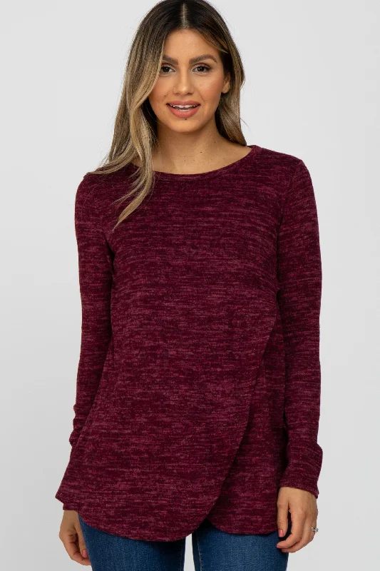 Trendy Street Style Burgundy Heather Knit Layered Front Nursing Top