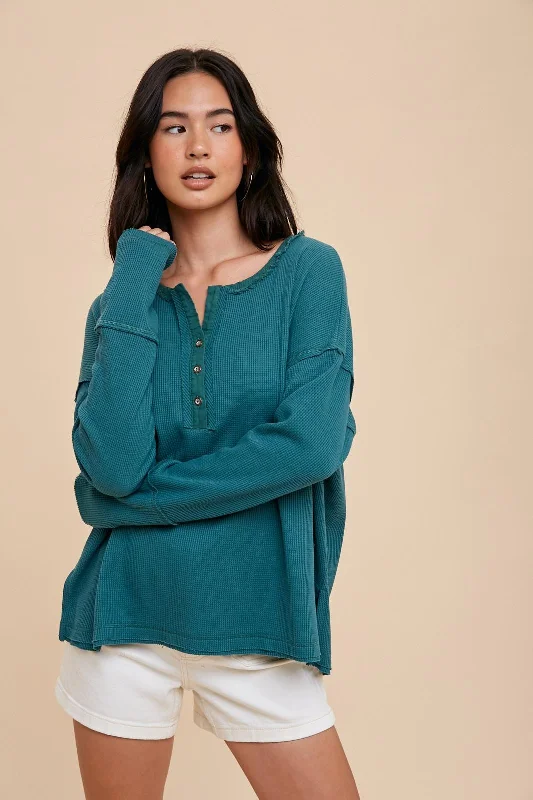 Seasonal Picks Emerald Green Waffle Knit Henley Top