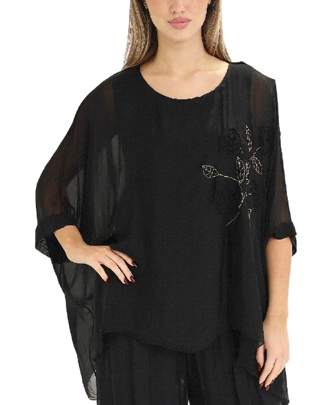 Chic & Cozy Collection Silk Hanky Hem Top w/ Floral Embroidery