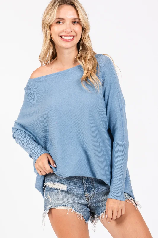 Browse Our Top Products Blue Boatneck Knit Dolman Top