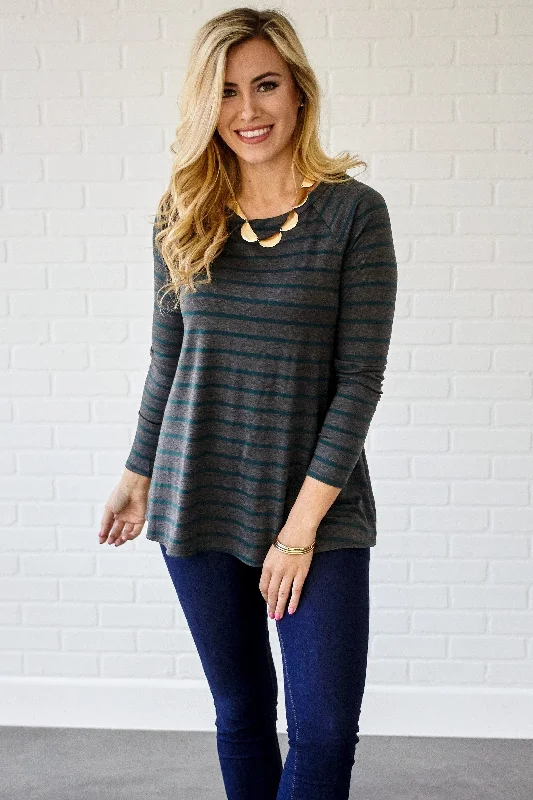 You'll Love Us Because Forest Green Charcoal Striped Top