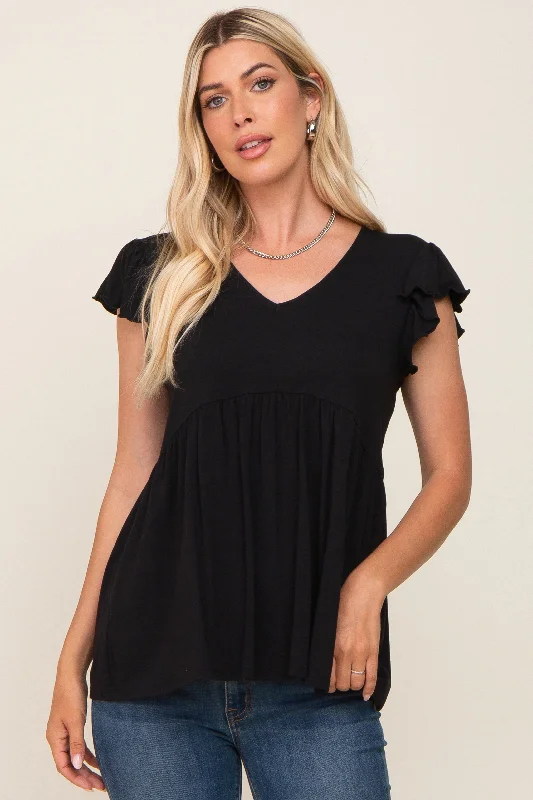 Limited-Time Offer Black Flutter Sleeve V-Neck Top