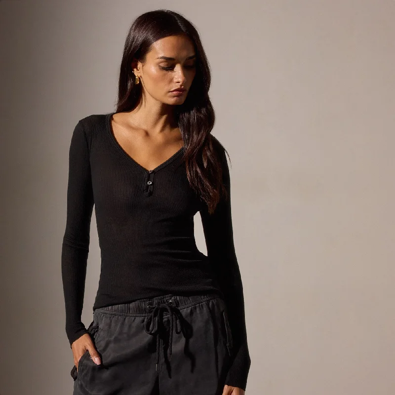 Mega Sale Cotton Cashmere Blend Ribbed Henley - Black