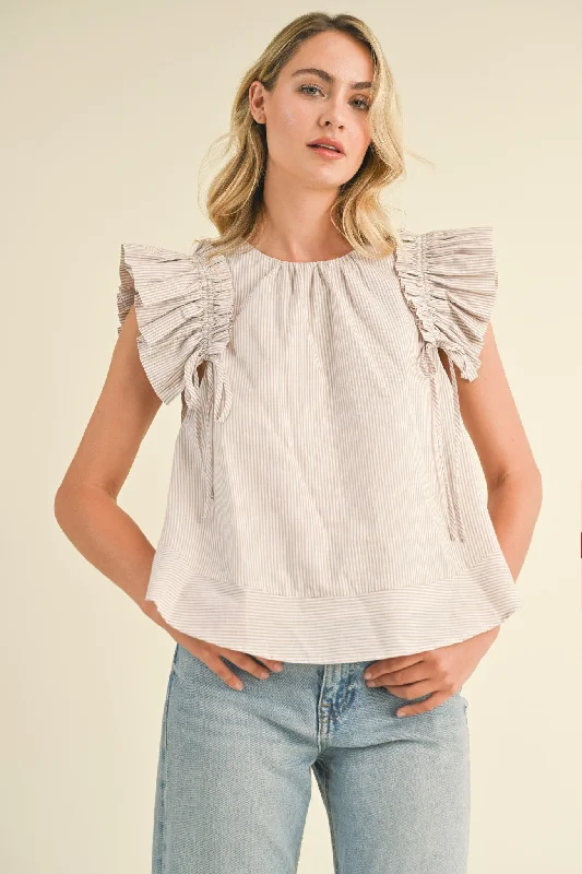 Luxe Style Discounts Taupe Drawstring Flutter Sleeve Babydoll Top