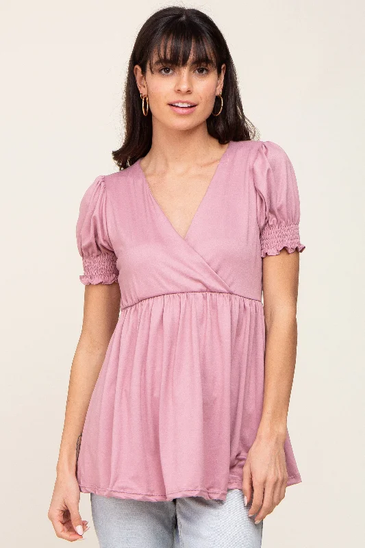 Enjoy Discount Mauve Puff Sleeve Crossover Nursing Top