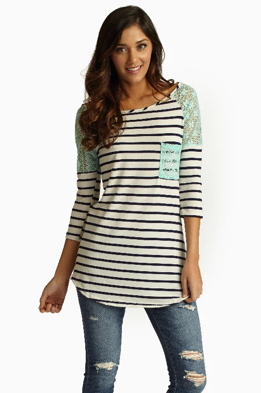 Stylish Looks Aqua Lace Shoulder Striped Top