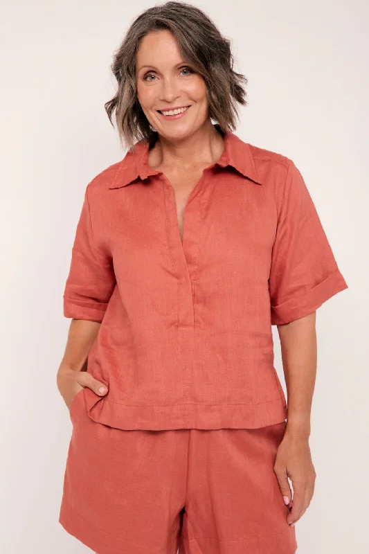 Premium Style Offers Ella Collared Linen Top in Desert Rose