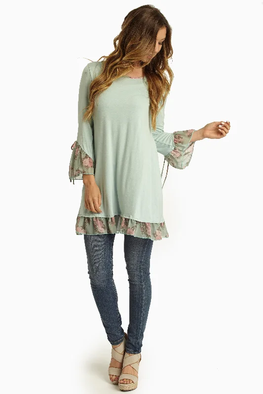 Latest Fashion Mint Green Floral Chiffon Trim Top