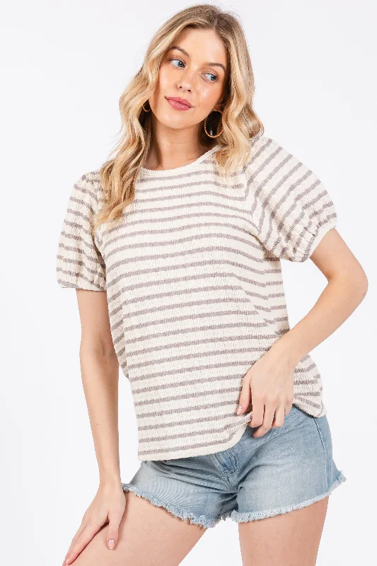 End-Of-Season Clearance Grey Striped Textured Puff Sleeve Top