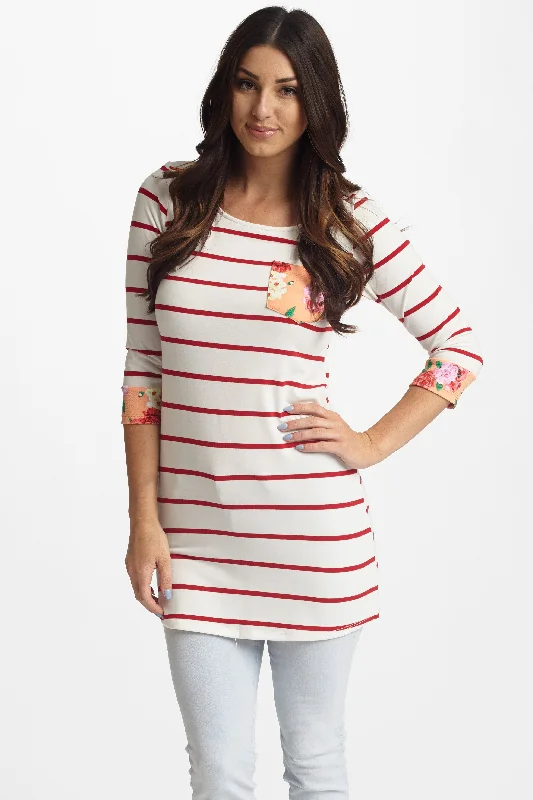 Catch Every Fashion Trend Red Striped Floral Accent 3/4 Sleeve Top