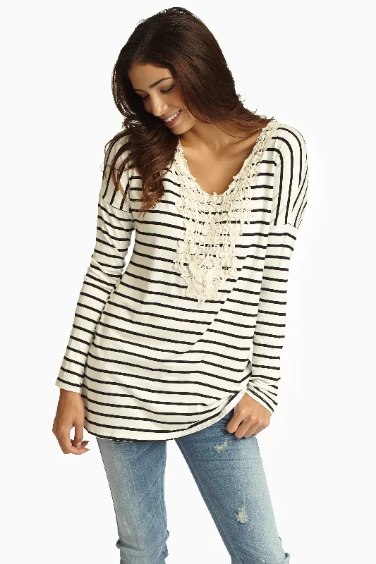 Trend Forward Threads Black Striped Crochet Neckline Top