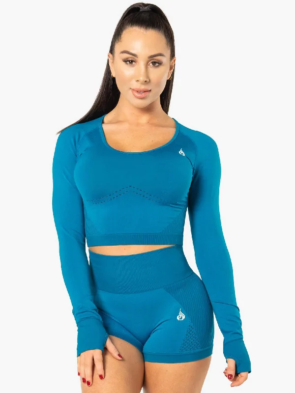 Women's Cozy Outfit For Lounging Additional Time-Limited Offers Electra Seamless Long Sleeve Crop Top - Electric Blue