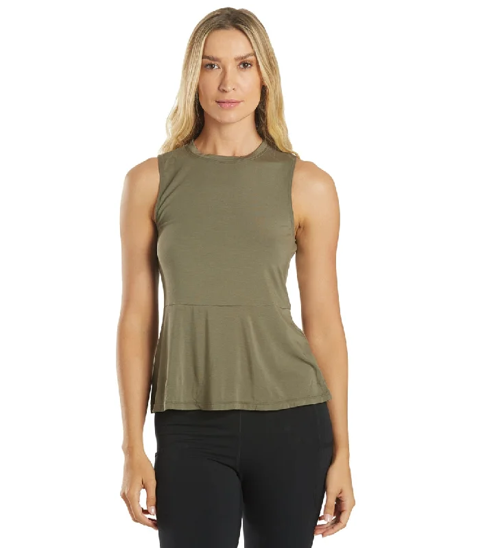 Stylish Women's Attire Polished Style Deals Everyday Yoga Blossom Solid Peplum Layering Muscle Tank Dark Olive