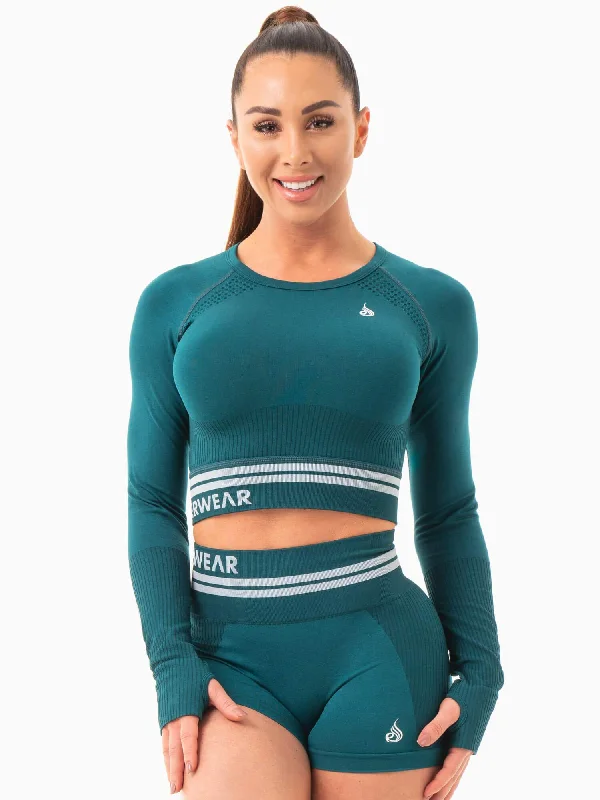 Women's Clothing Sets Polished Style Deals Freestyle Seamless Long Sleeve Crop - Emerald Green