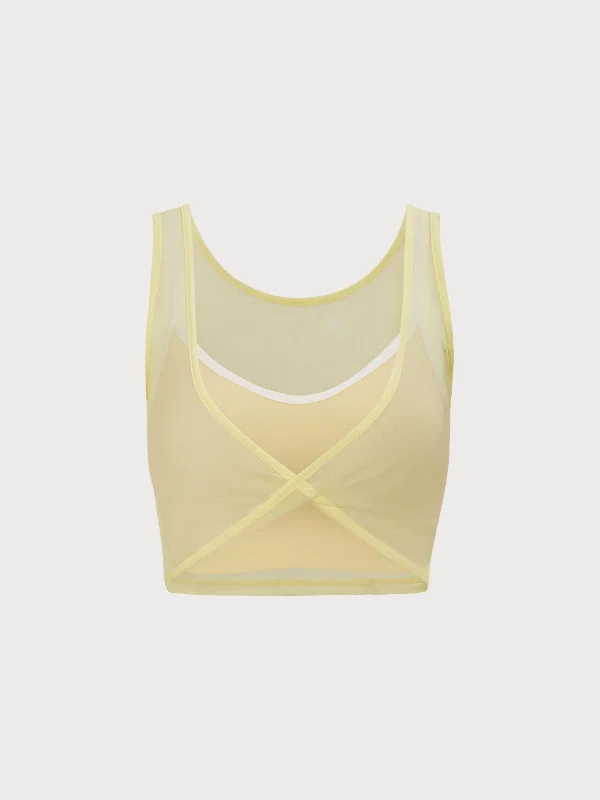 Women's Cozy Clothes Exclusive Discount Lemon Yellow 2 Pcs Mesh Sports Cami Set - Light Support