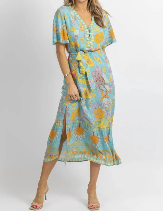 Women's Transitional Outfit Sophisticated Style Offers Butterfly Sleeve Midi Dress In Light Blue Floral