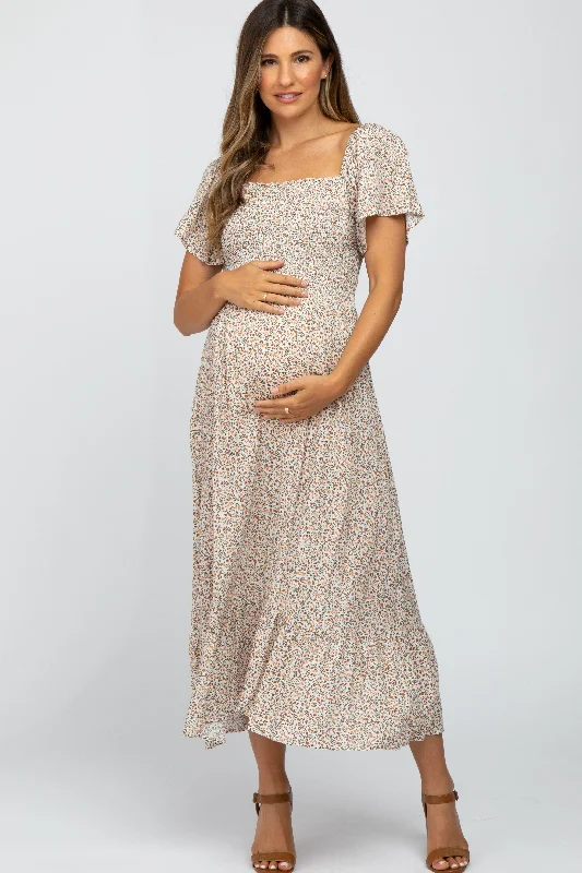 Women's Evening Clothes Vintage-Modern Style Offers Ivory Floral Smocked Maternity Maxi Dress