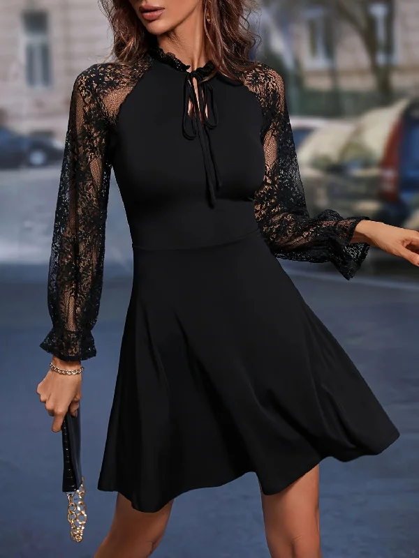 Women's Stylish Professional Garments Relaxed Style Deals Lace Tie Neck Flounce Sleeve Dress