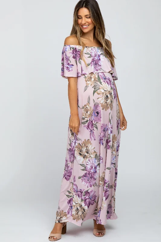 Trendy Athleisure Clothing For Women Huge Discounts This Week Lavender Floral Flounce Off Shoulder Maternity Maxi Dress