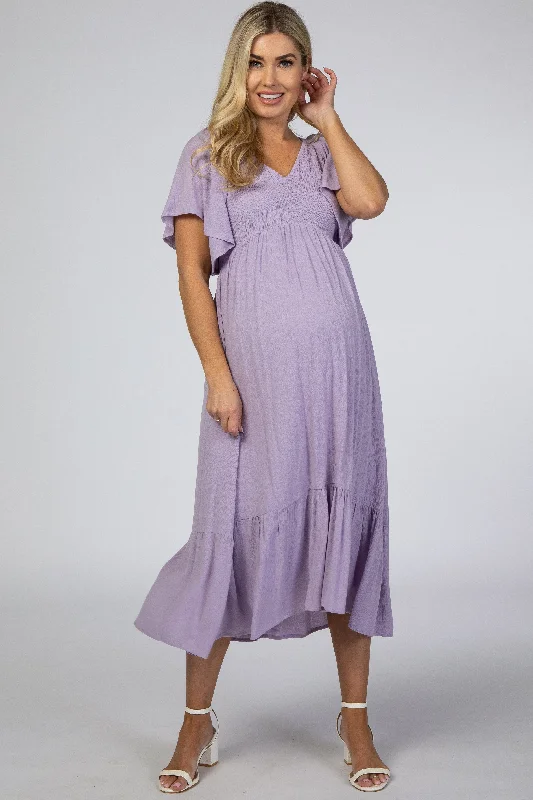 Women's Comfortable Lounge Garments Popular Collection Lavender Smocked Ruffle Maternity Dress