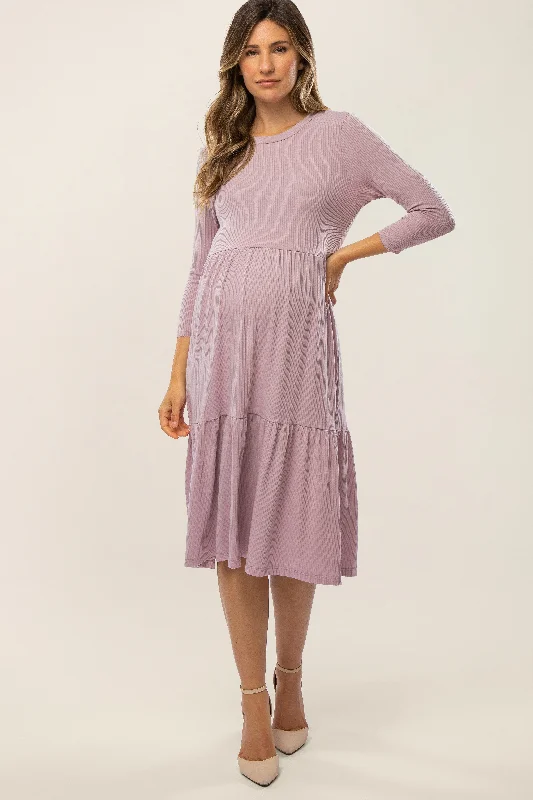 Women's Outerwear Apparel Sophisticated Street Style Offers Lavender Tiered Ribbed 3/4 Sleeve Maternity Midi Dress