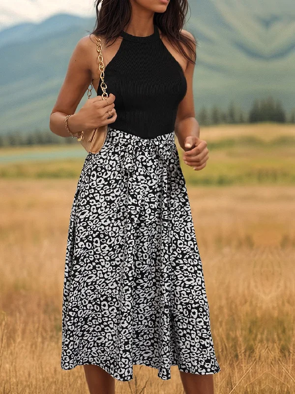 Women's Everyday Attire Fashion Essentials Leopard Halter Neck Midi Dress