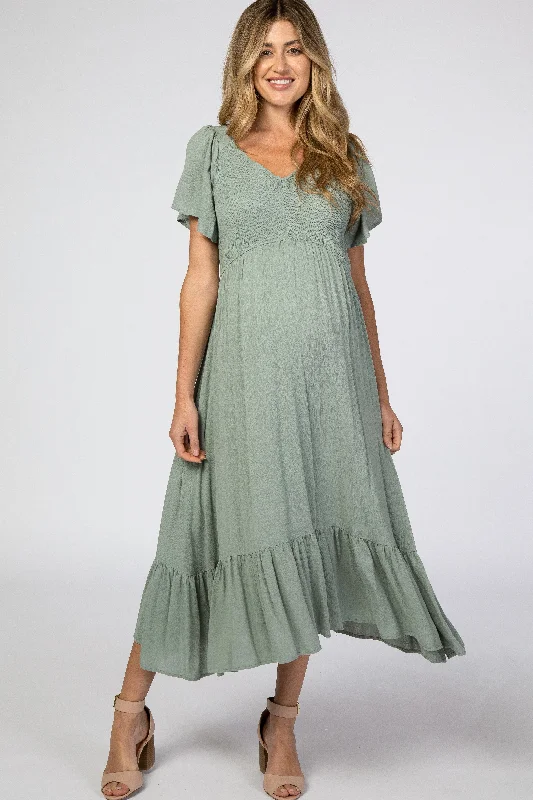 Classic Women's Apparel Special Offers, Don't Miss Light Olive Smocked V-Neck Maternity Midi Dress