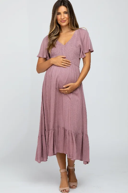 Women's Clothing For Holiday Travel Massive Savings Mauve Smocked V-Neck Maternity Midi Dress