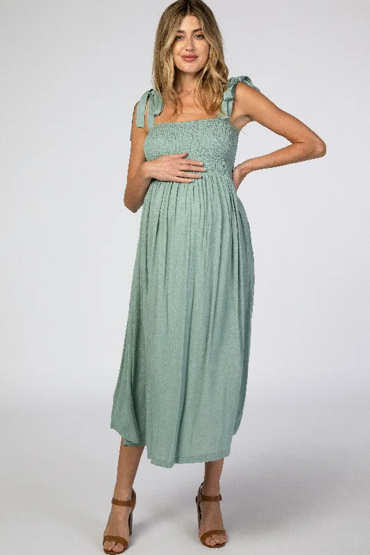 Affordable Women's Outfit Casual Chic Mint Green Smocked Tie Strap Maternity Midi Dress