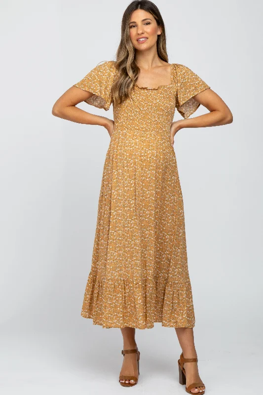 Women's Sporty Chic Clothes Inspired By You, Designed For You Mustard Floral Smocked Maternity Maxi Dress