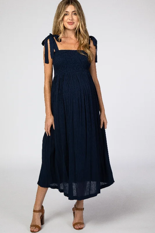 Women's Plus-Size Clothes Huge Price Cut Navy Blue Smocked Tie Strap Maternity Midi Dress