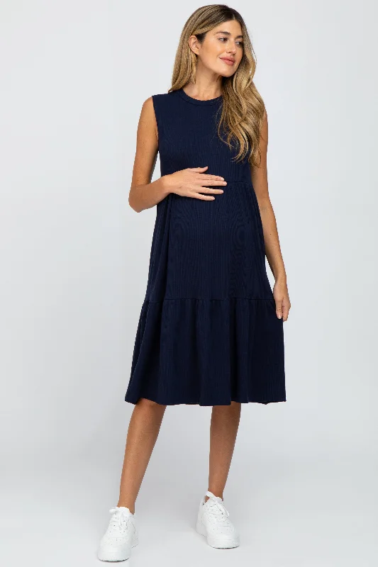 Women's Casual Wear Outfit Get The Latest Trends Navy Ribbed Sleeveless Maternity Midi Dress